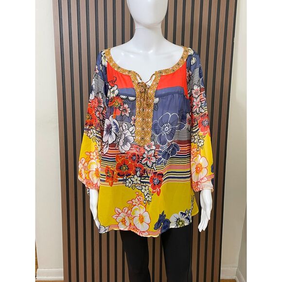 Anthropologie Fig & Flower Women's 2X Yellow Blouse Polyester Tunic Floral Boho - Picture 1 of 9